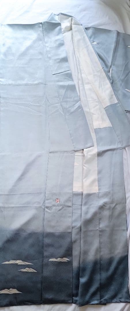 大人の着物海空柄雲水色紺色氷河青ネイビーブルー女袷着物グラデ付け下げ訪問着絵羽柄