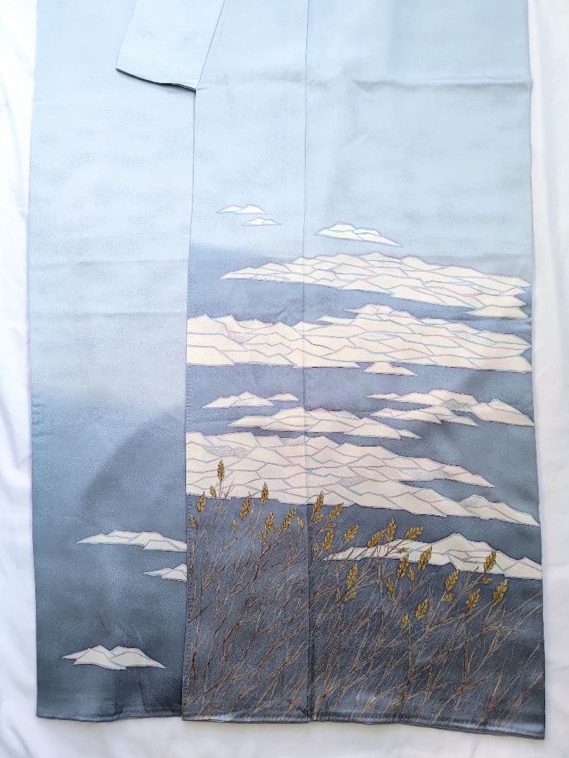 大人の着物海空柄雲水色紺色氷河青ネイビーブルー女袷着物グラデ付け下げ訪問着絵羽柄