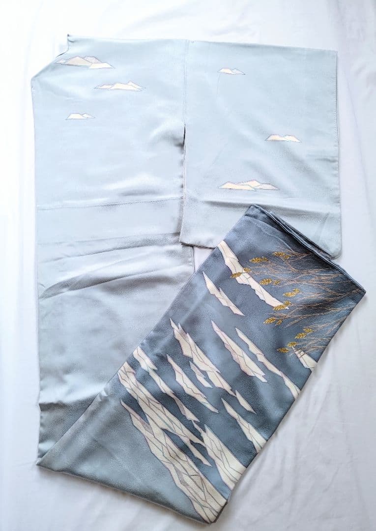 大人の着物海空柄雲水色紺色氷河青ネイビーブルー女袷着物グラデ付け下げ訪問着絵羽柄