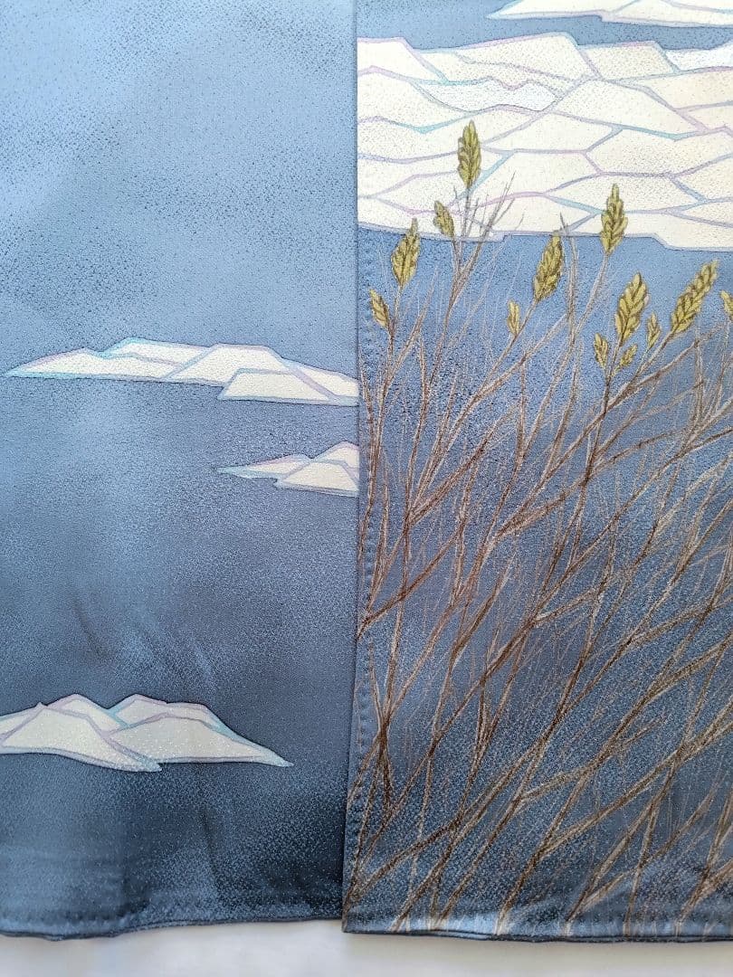 大人の着物海空柄雲水色紺色氷河青ネイビーブルー女袷着物グラデ付け下げ訪問着絵羽柄