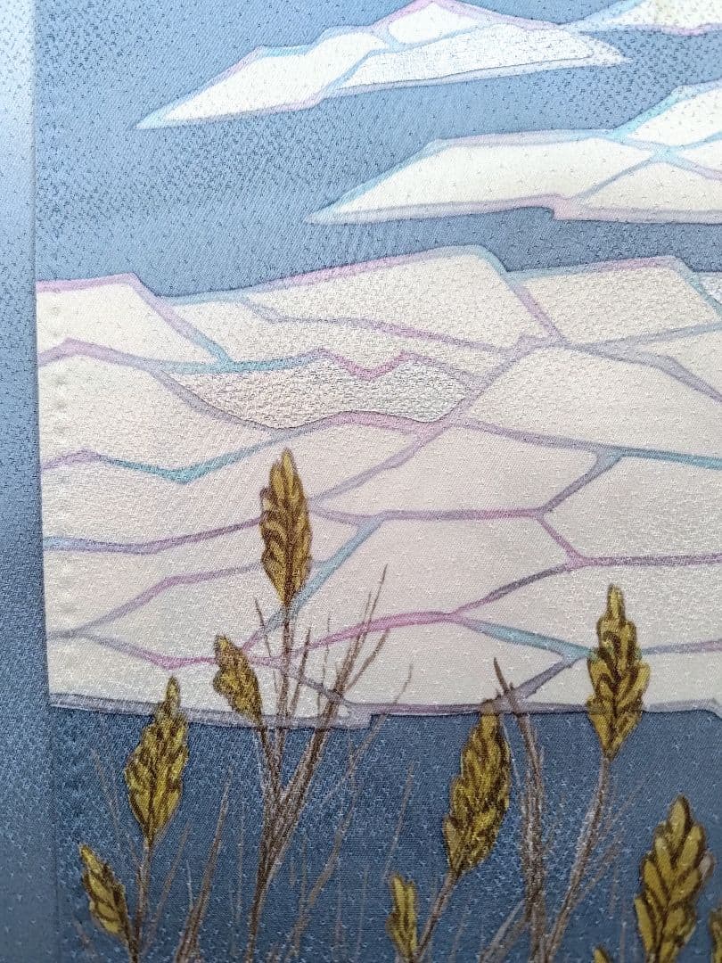 大人の着物海空柄雲水色紺色氷河青ネイビーブルー女袷着物グラデ付け下げ訪問着絵羽柄