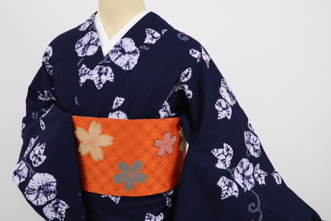 《新品◆しぼり＊浴衣■長尺◆あじさいの花模様◆濃紺◆木綿着物◆UA8-14》