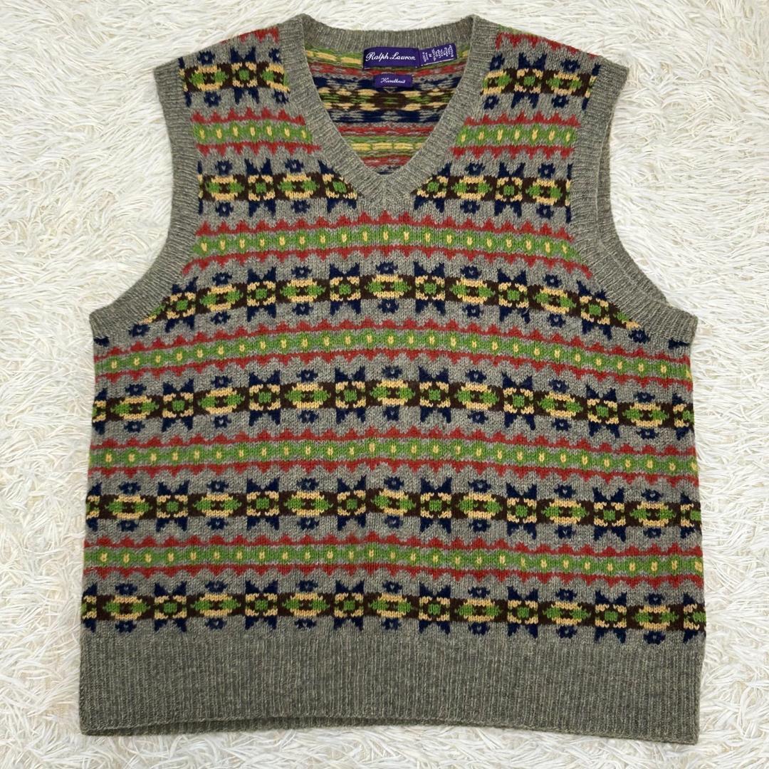 人気　ラルフローレン　パープルレーベル　ニットベスト　総柄　ハンドニット　M