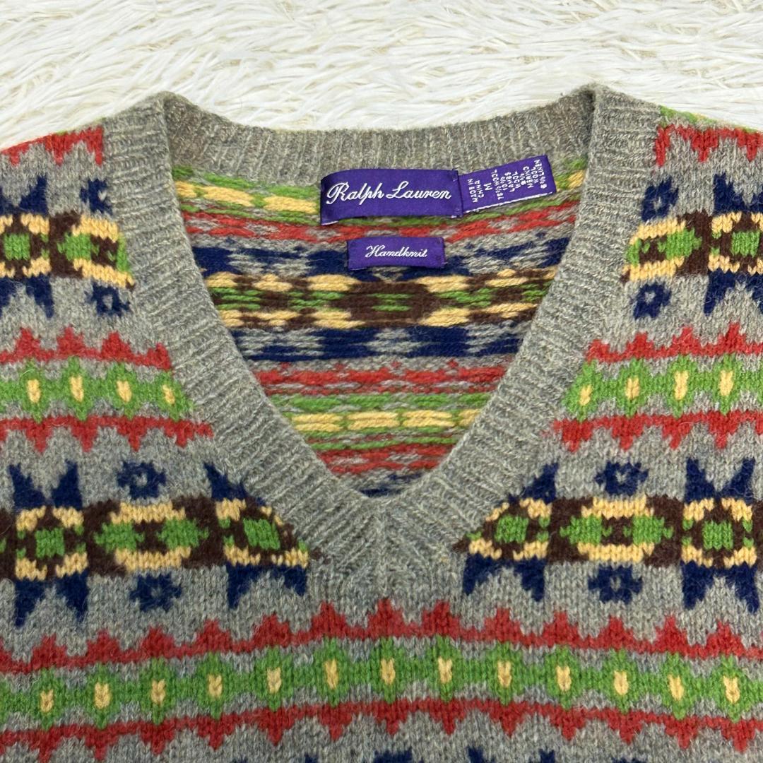 人気　ラルフローレン　パープルレーベル　ニットベスト　総柄　ハンドニット　M