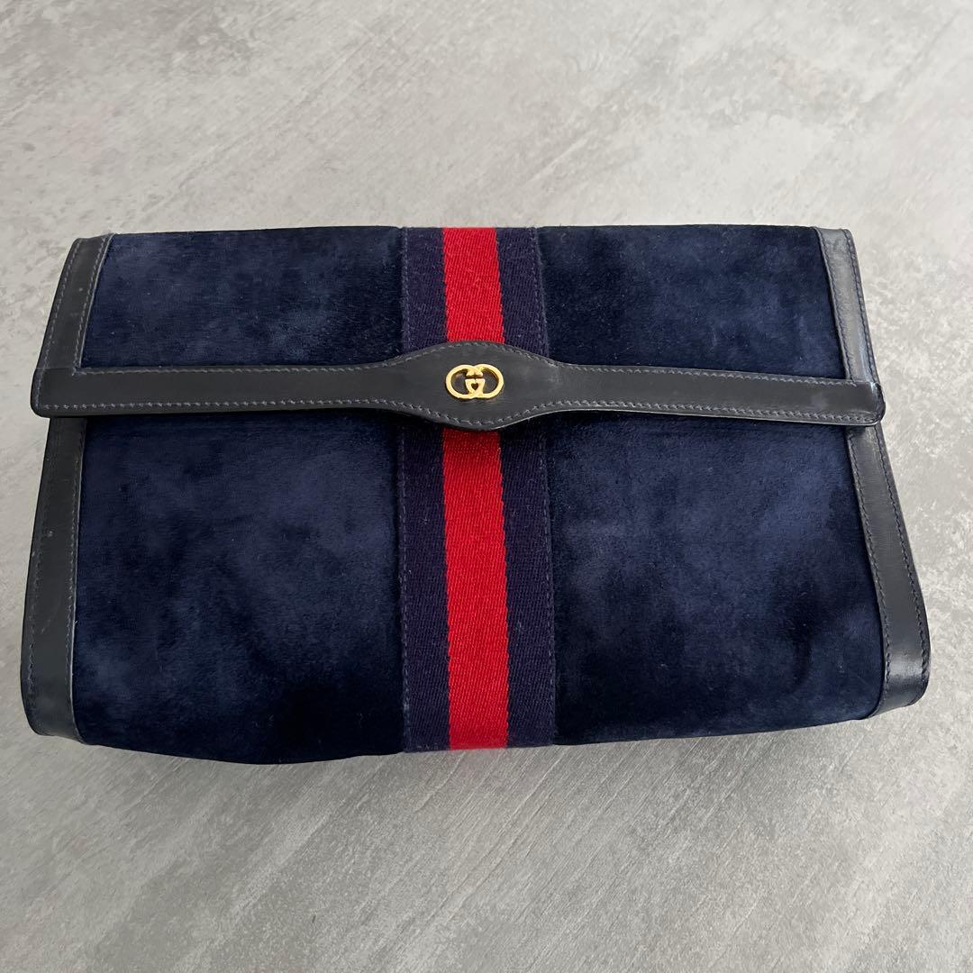 GUCCI スエード　シェリーラインセカンドバック　クラッチバック　ネイビー