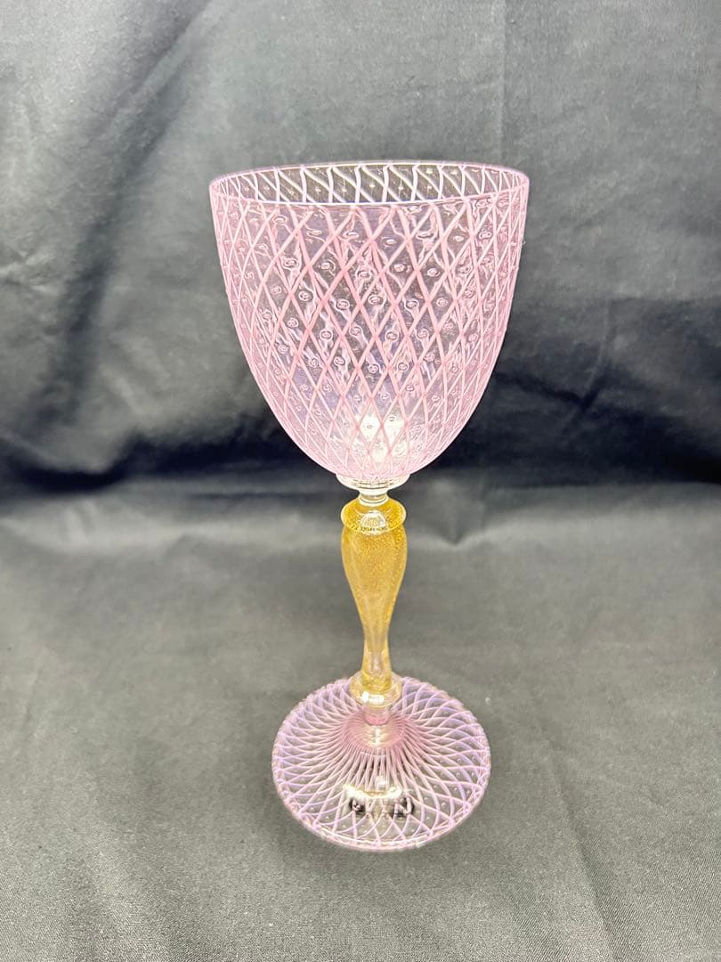ベネチアングラスSeguso製ピンクワイングラス レース模様ヴィンテージ品