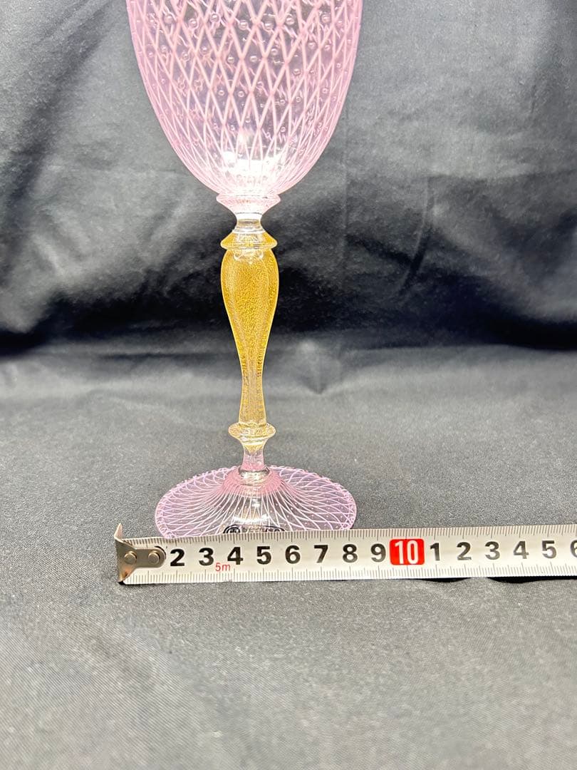 ベネチアングラスSeguso製ピンクワイングラス レース模様ヴィンテージ品