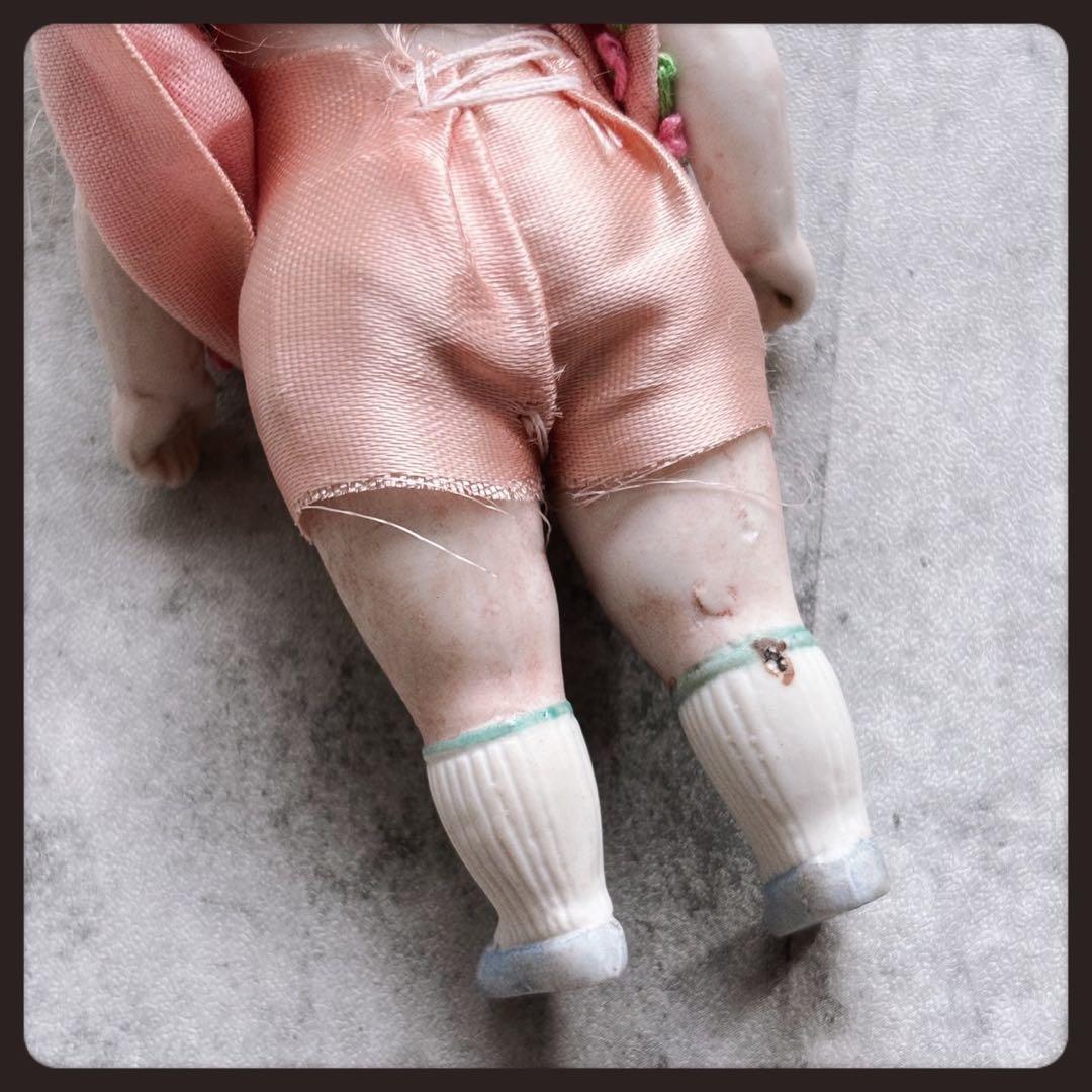 アンティーク ピンクのリボンの女の子 オールビスクドール ミニョネット