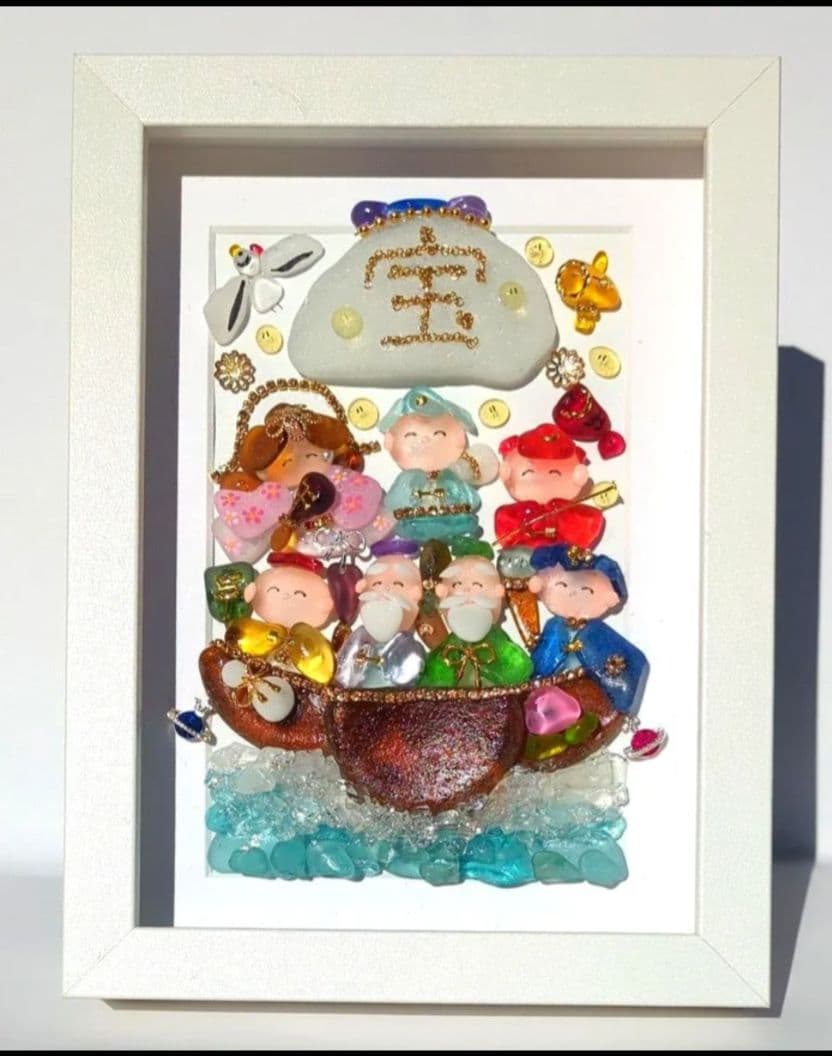 シーグラスアート　七福神白フレーム　全面透明フレームつき　ゲリラ出品