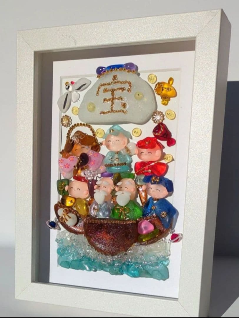 シーグラスアート　七福神白フレーム　全面透明フレームつき　ゲリラ出品