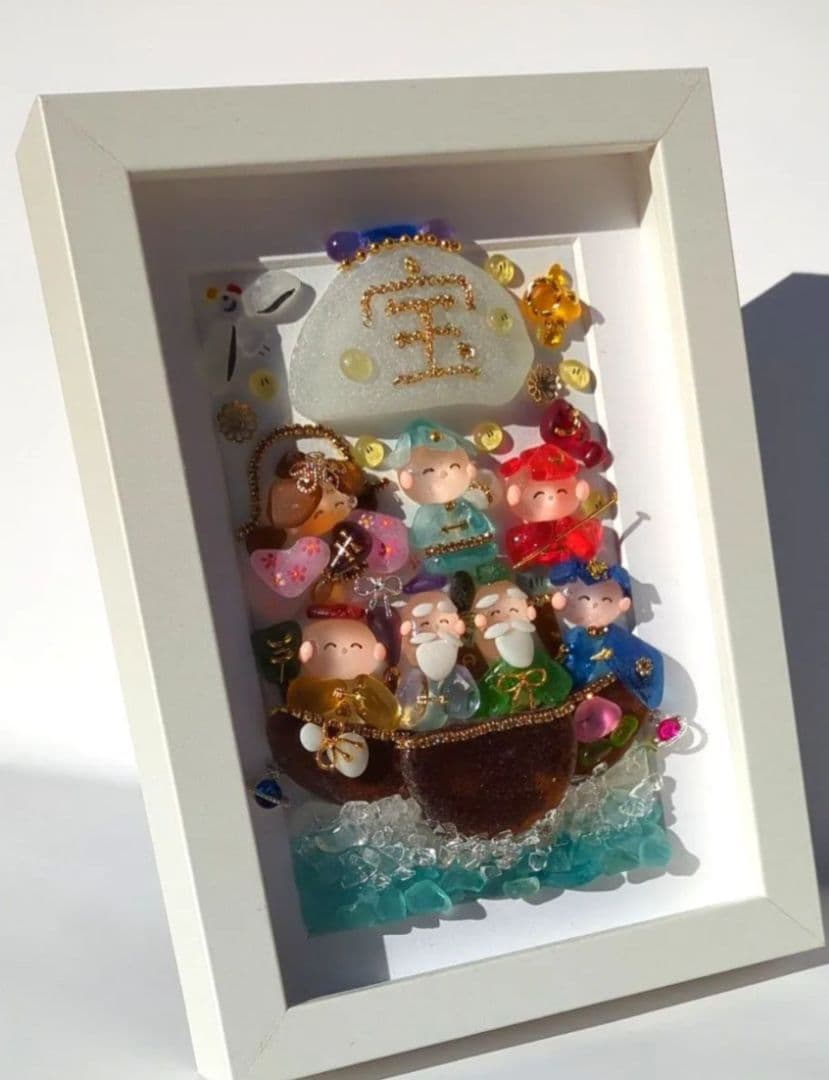 シーグラスアート　七福神白フレーム　全面透明フレームつき　ゲリラ出品