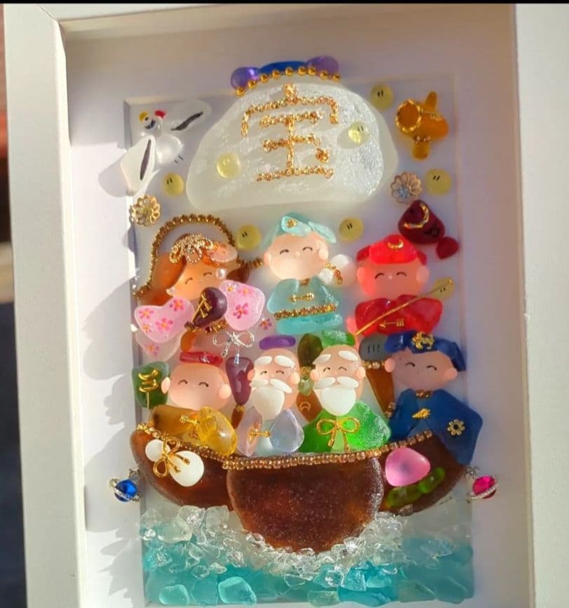 シーグラスアート　七福神白フレーム　全面透明フレームつき　ゲリラ出品