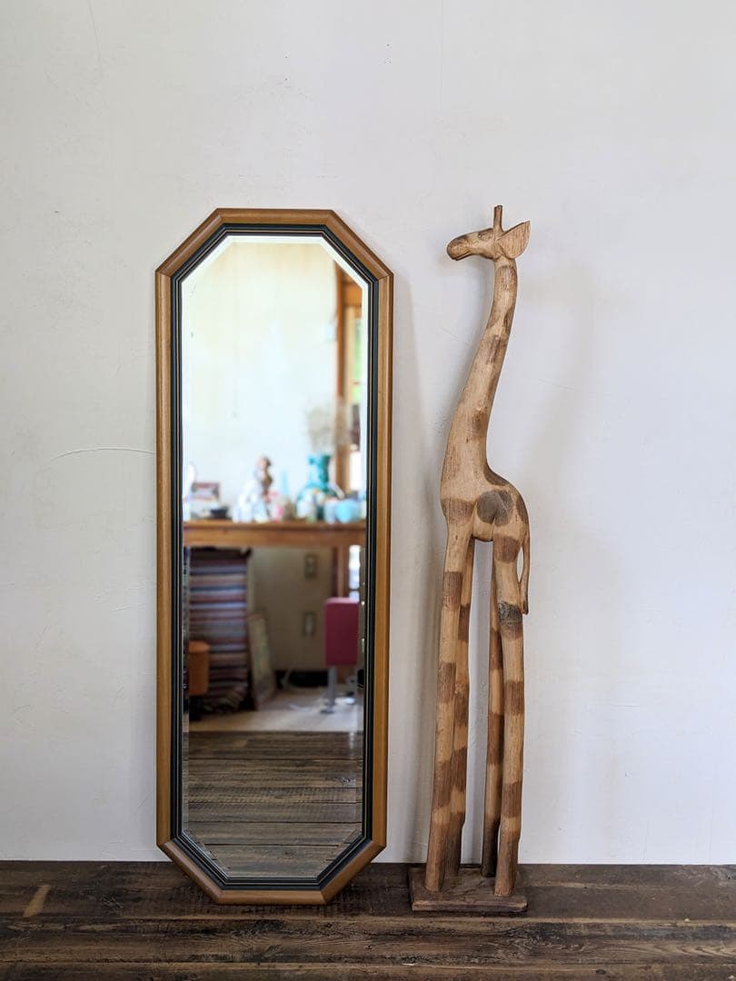 ツートーンのデザイン姿見　八角形　スタンドミラー