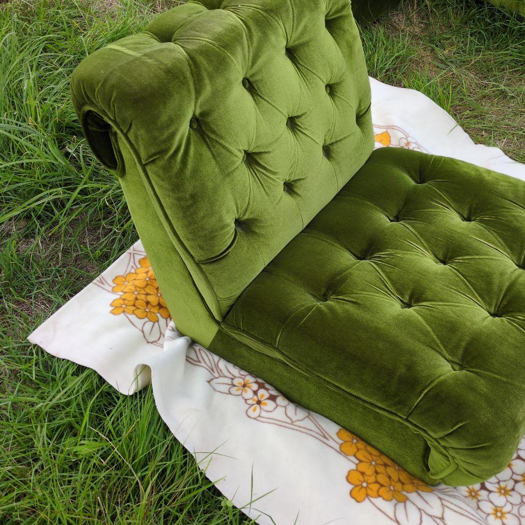 昭和レトロ オールド カリモク グリーン モケット 1人掛け ソファ③ベルベット