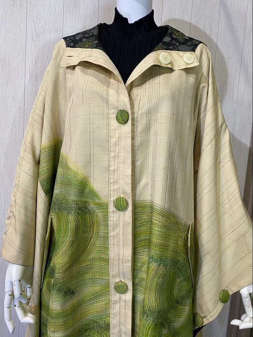 正絹紬訪問着 村山大島紬 リバーシブル フードポンチョ (難あり)