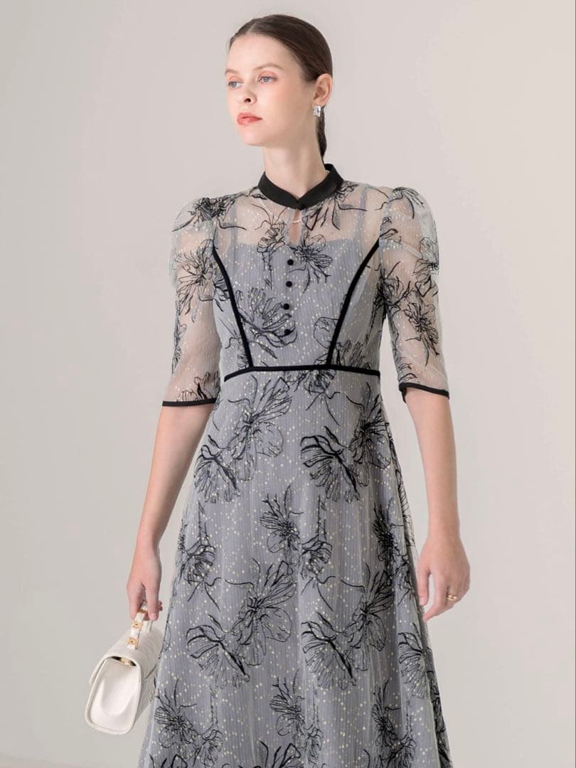 パイピングハイネック花柄ラメレースワンピースドレス結婚式パーティー二次会成人式