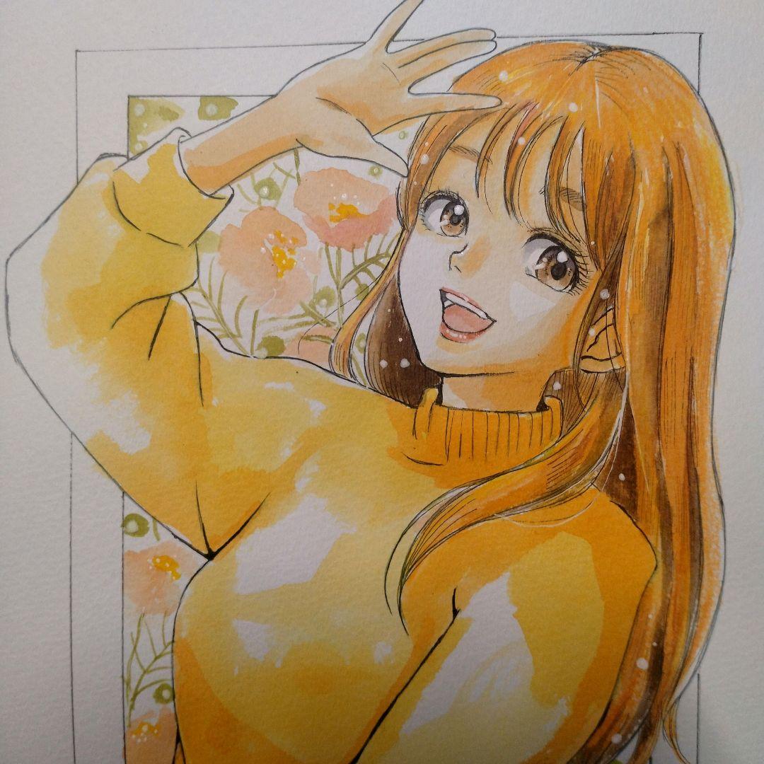 日*希様 手描きイラストA4　水彩画・色鉛筆『はいチーズ』