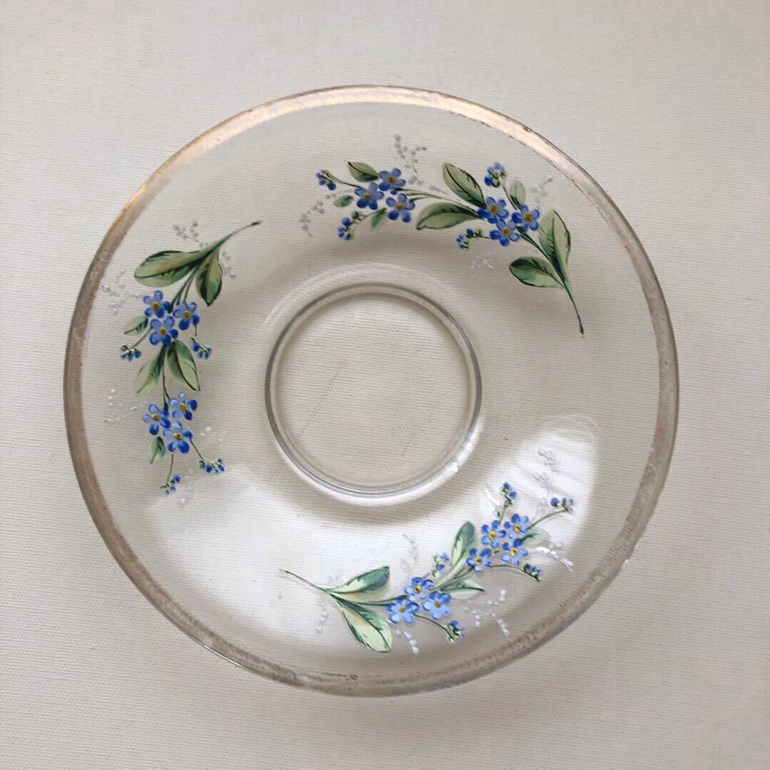 古いガラス皿　プレート　ソーサー　フランス　アンティーク　青い花　no.102