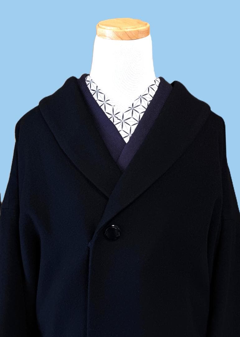 撫松庵　アンゴラ混ファー付きウール着物コート　黒　裄丈７３.５　身丈１０７