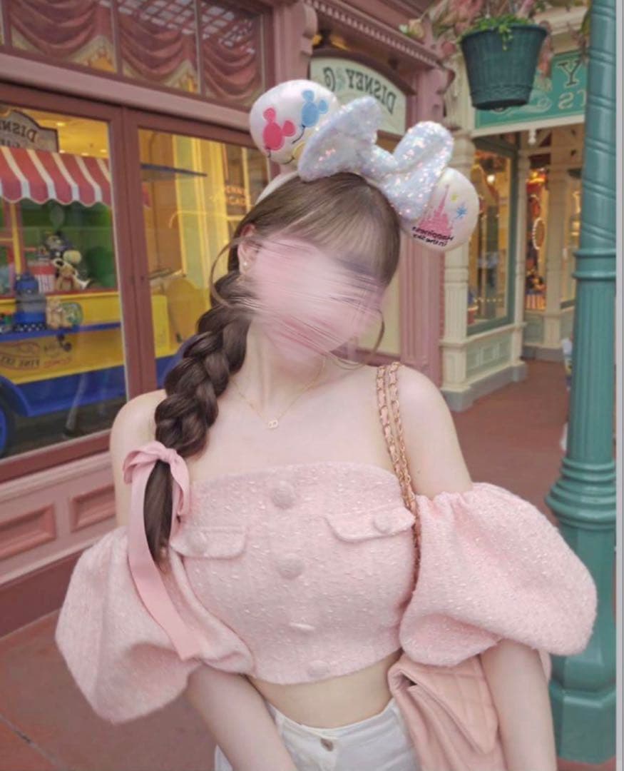 Darich パフスリーブオフショルツイードトップス ピンク