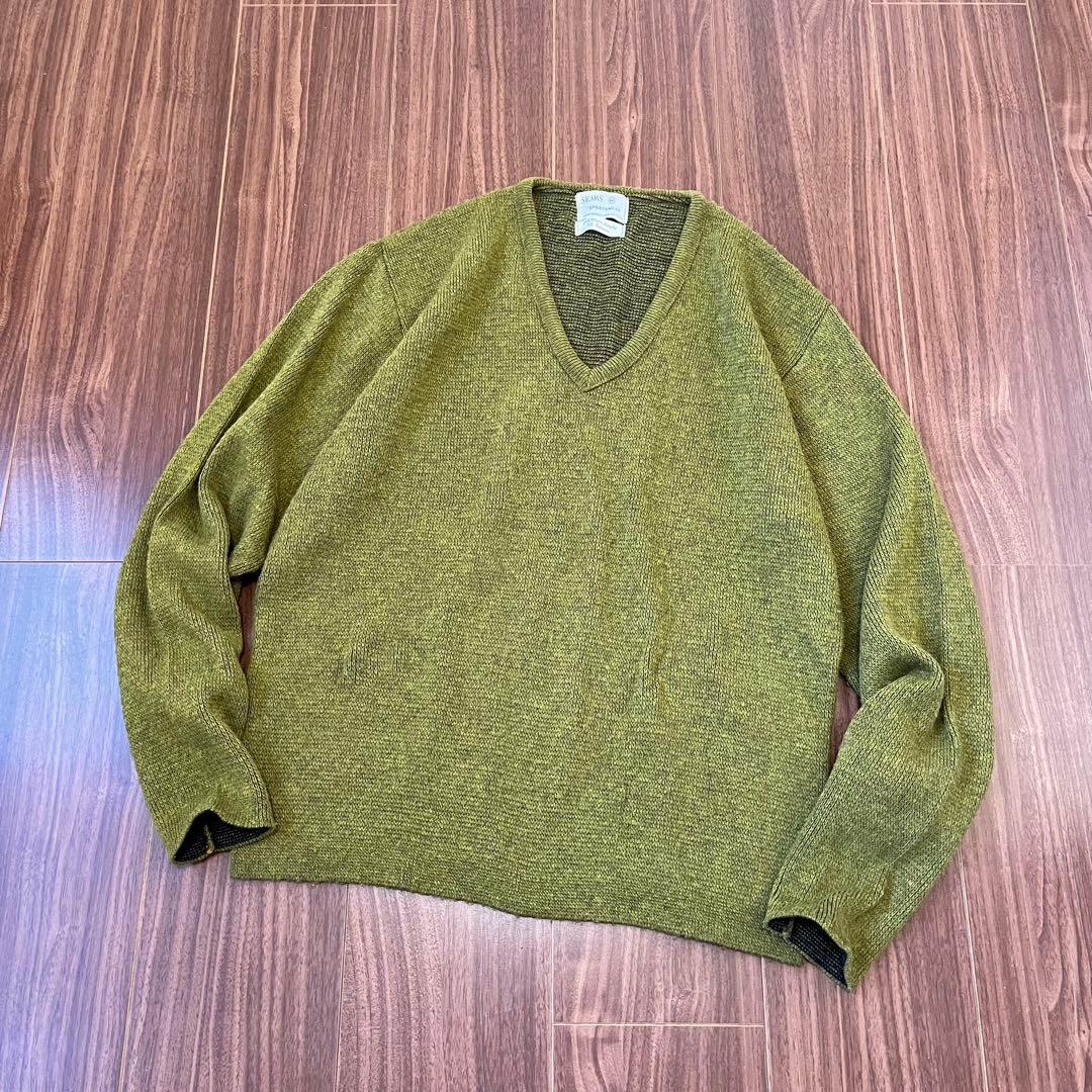 60sビンテージSearsシアーズVネック古着ニットセーターMメンズ抹茶緑中古