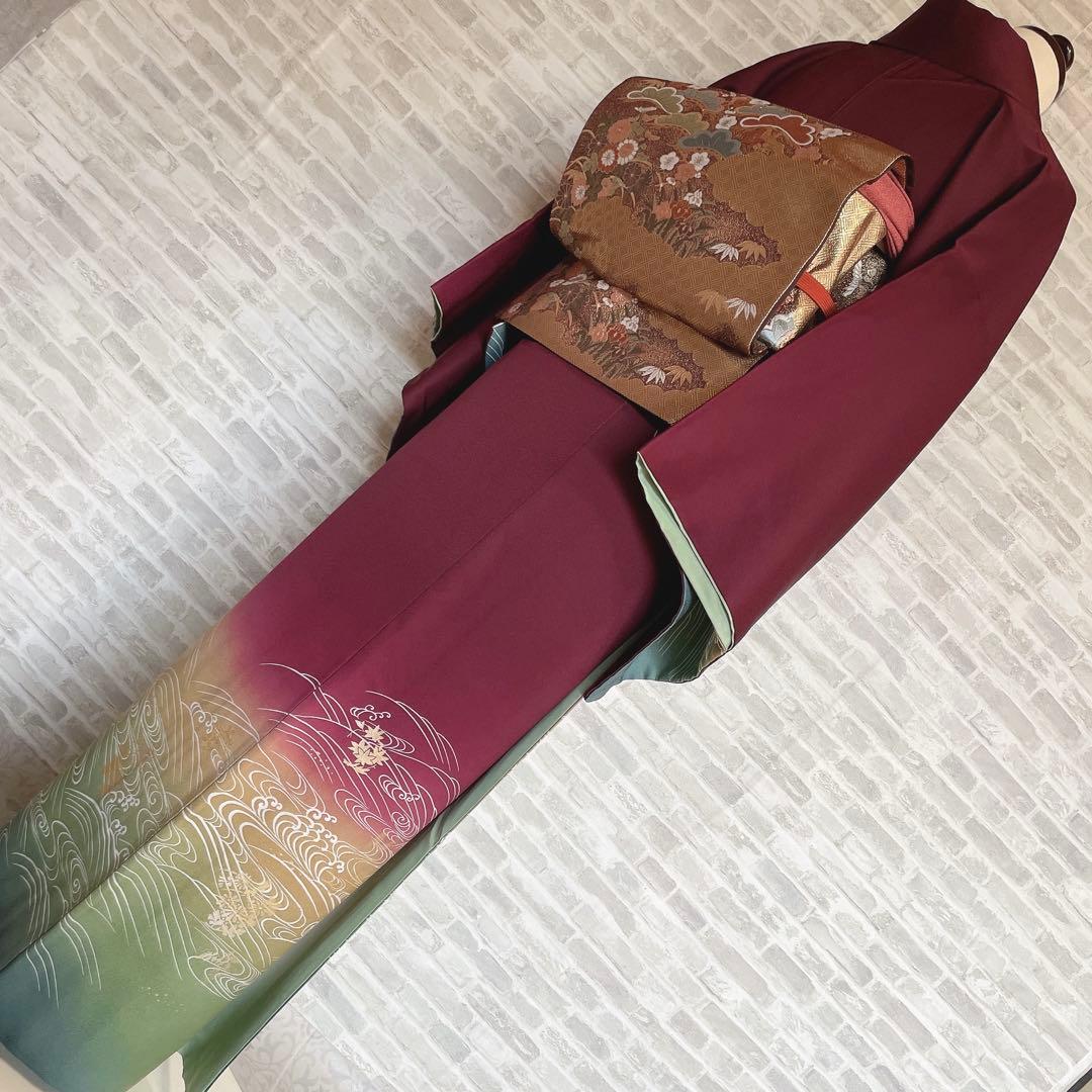 訪問着　フルセット　鳳凰　房亀　荒波　花丸紋　金彩加工　鮮やか　躍動的　Q3