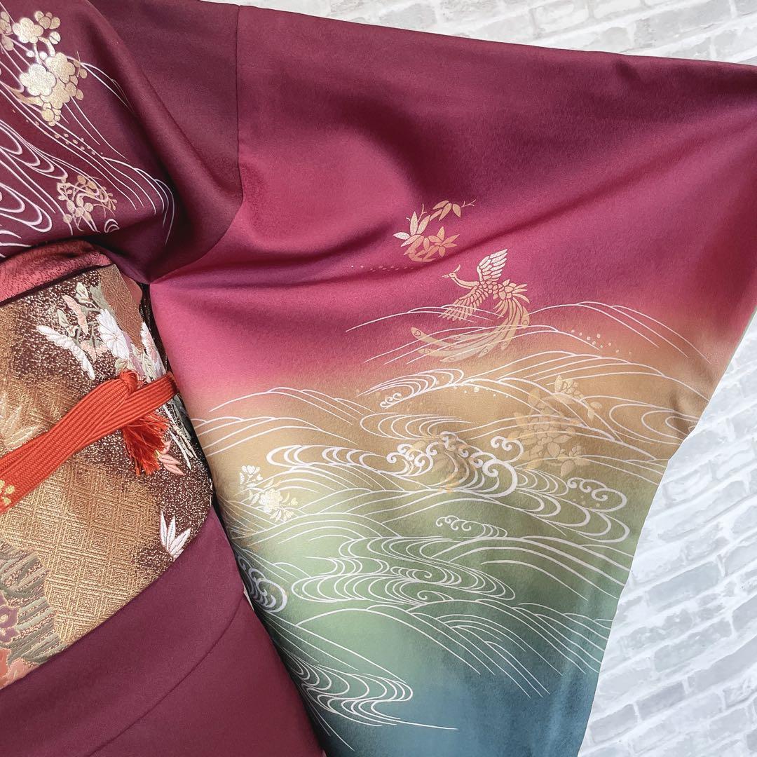 訪問着　フルセット　鳳凰　房亀　荒波　花丸紋　金彩加工　鮮やか　躍動的　Q3