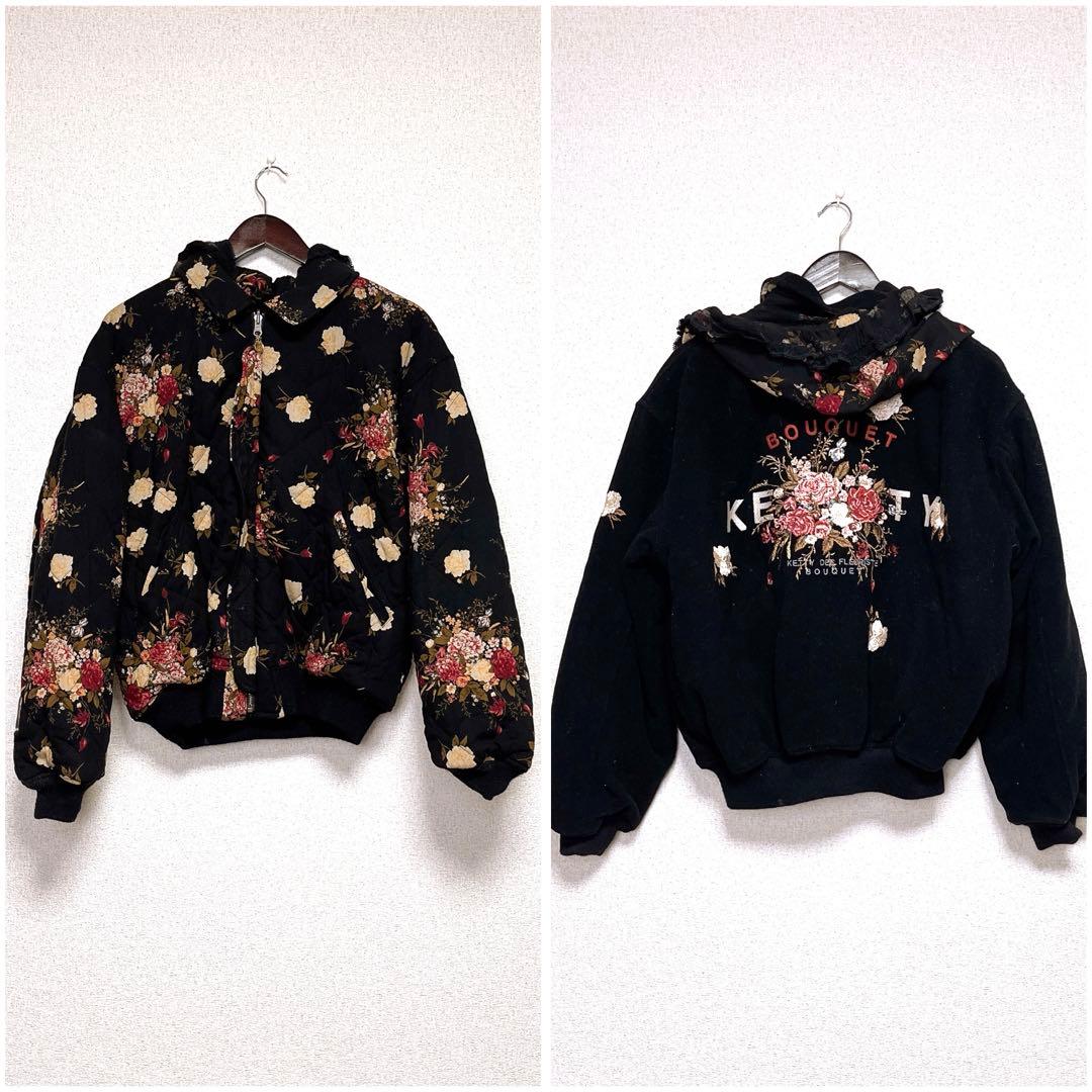 ketty リバーシブル ブルゾン ジャンパー 刺繍 花柄 フード ワッペン　黒