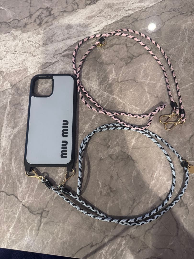 MIU MIU iPhoneケース ストラップ付き ブルー12Pro ピンク付