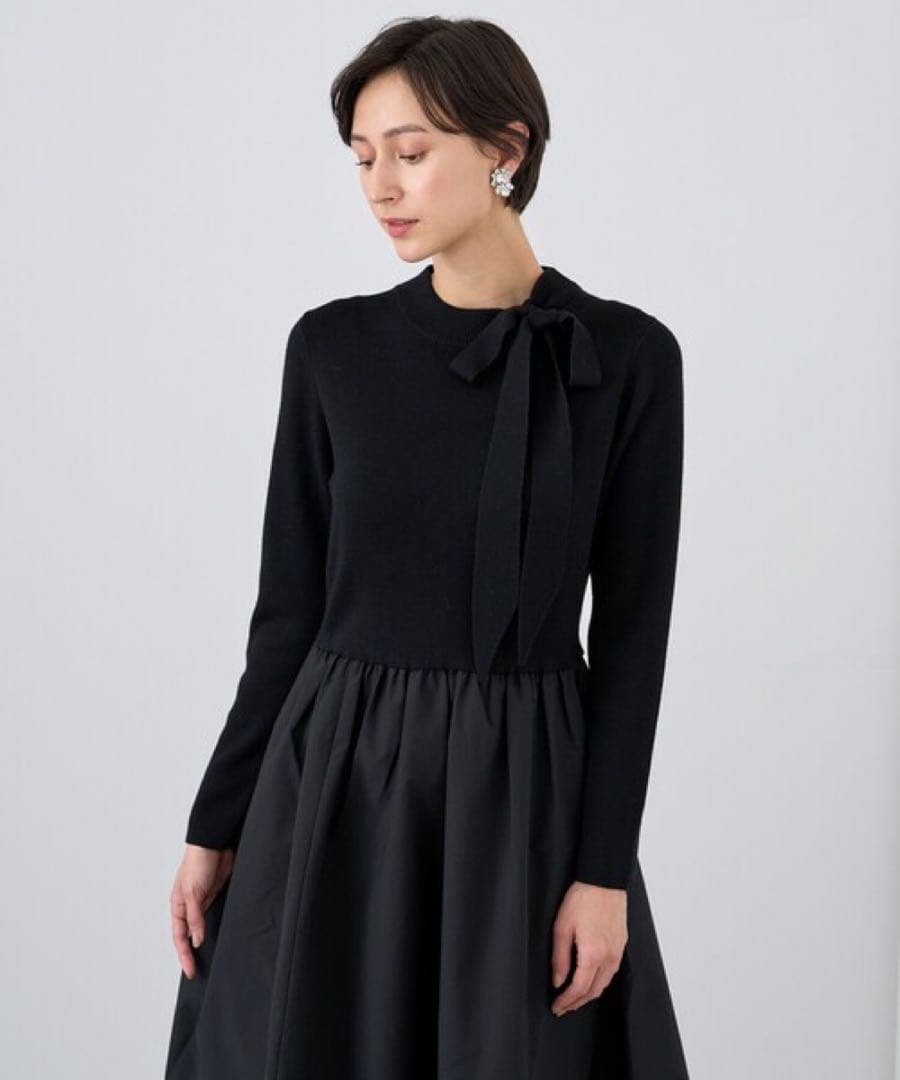 極美品✨【ANAYI】リボン付タフタドッキングワンピース　黒　¥52,800