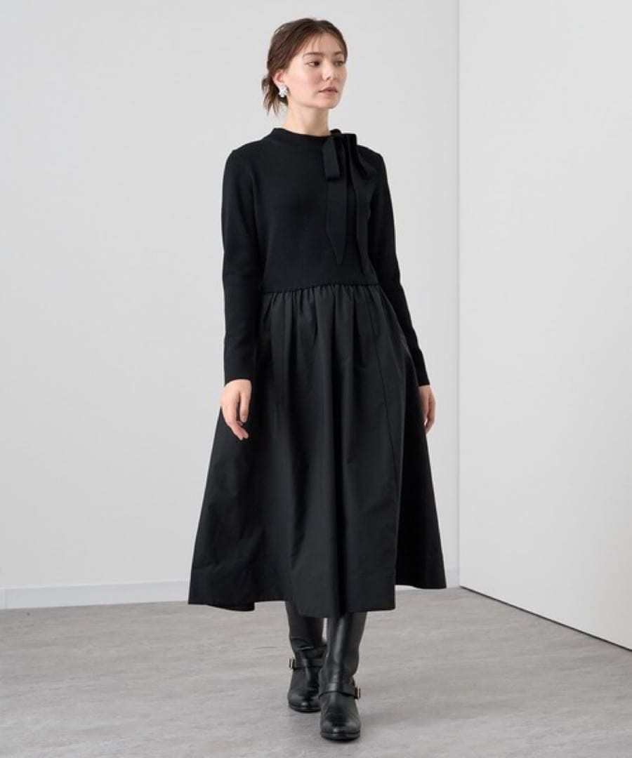 極美品✨【ANAYI】リボン付タフタドッキングワンピース　黒　¥52,800