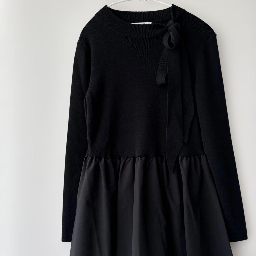 極美品✨【ANAYI】リボン付タフタドッキングワンピース　黒　¥52,800