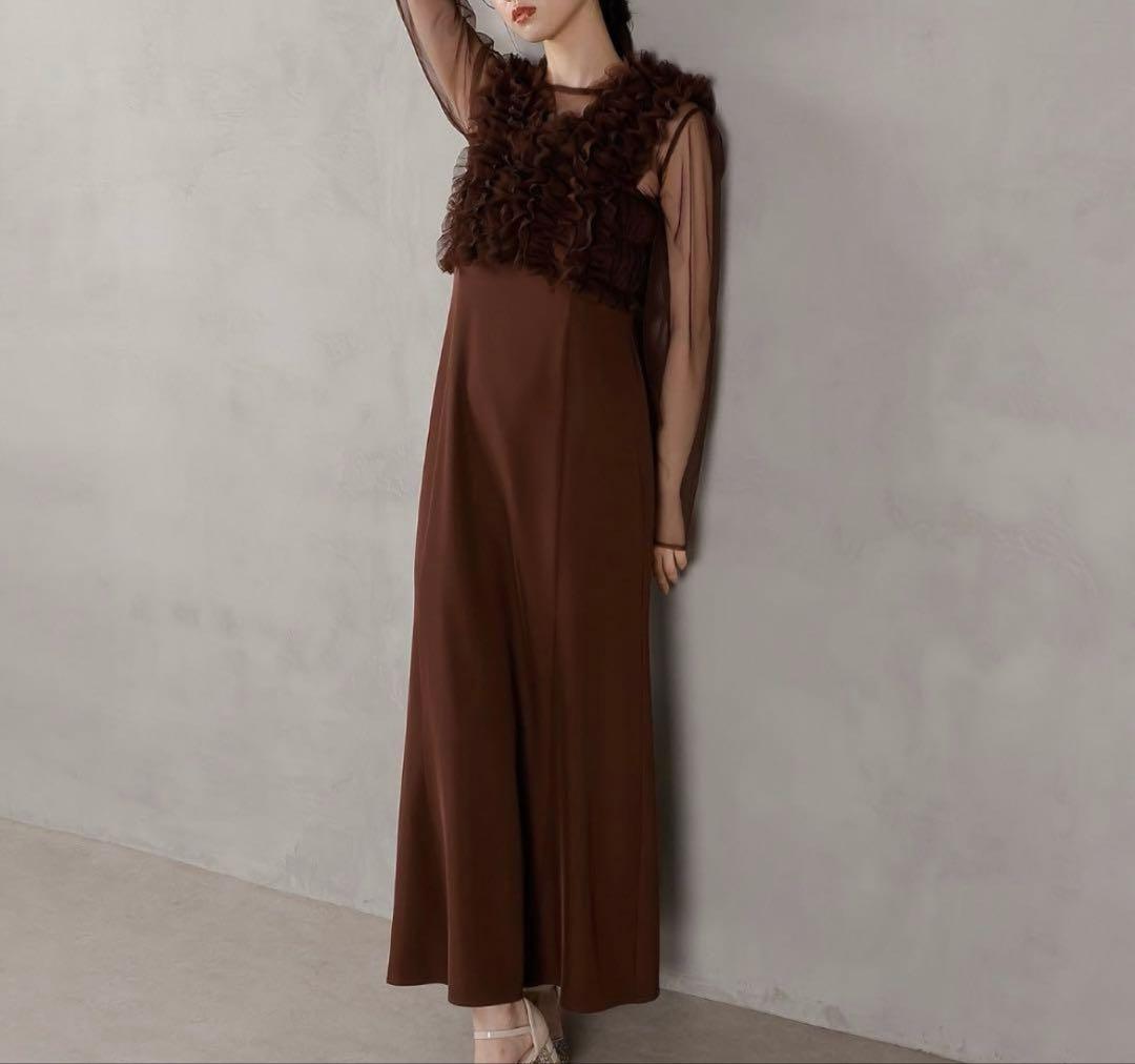kanaブラウン フリル ロングドレス