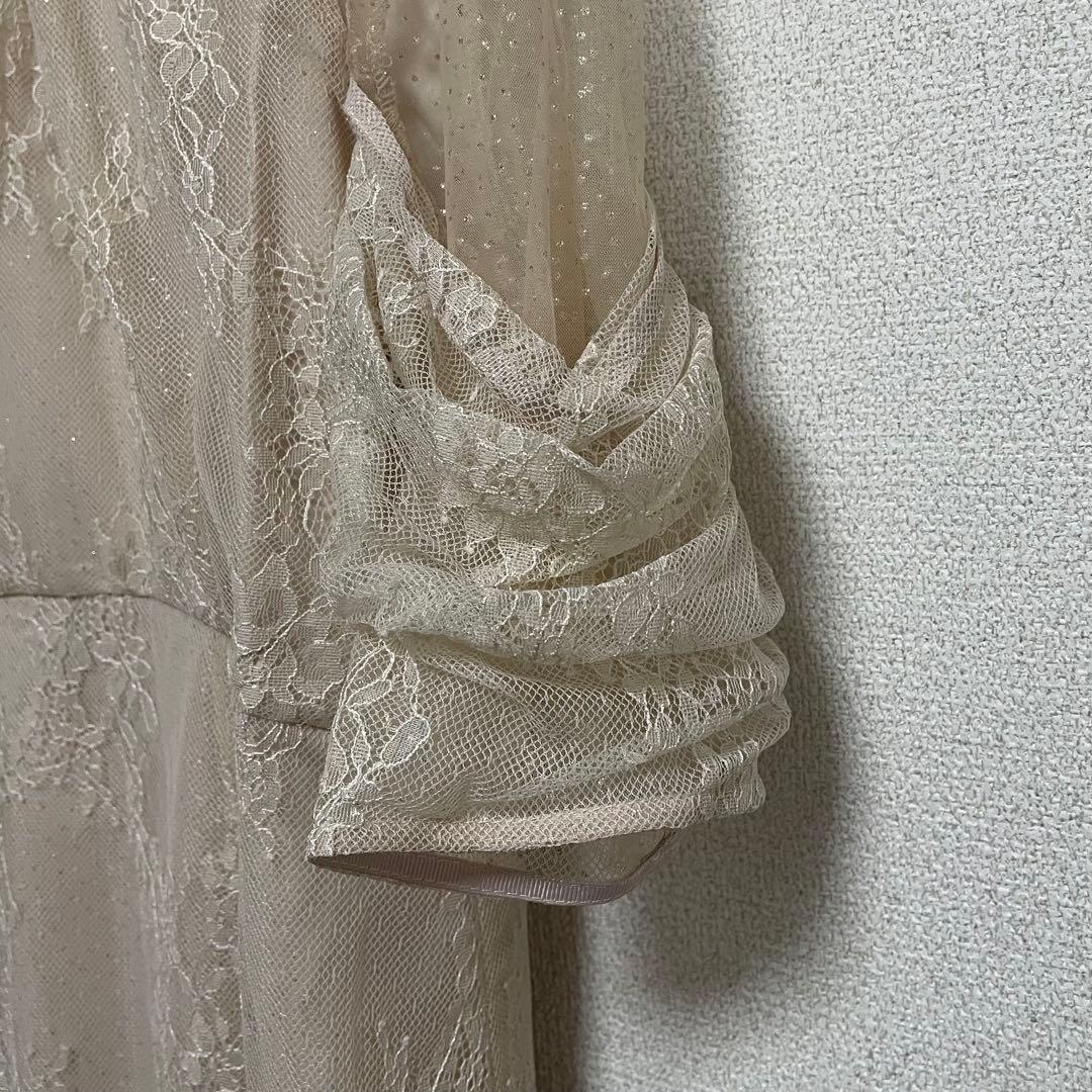 パーティードレス レースワンピ 結婚式 食事 ピンクベージュ L