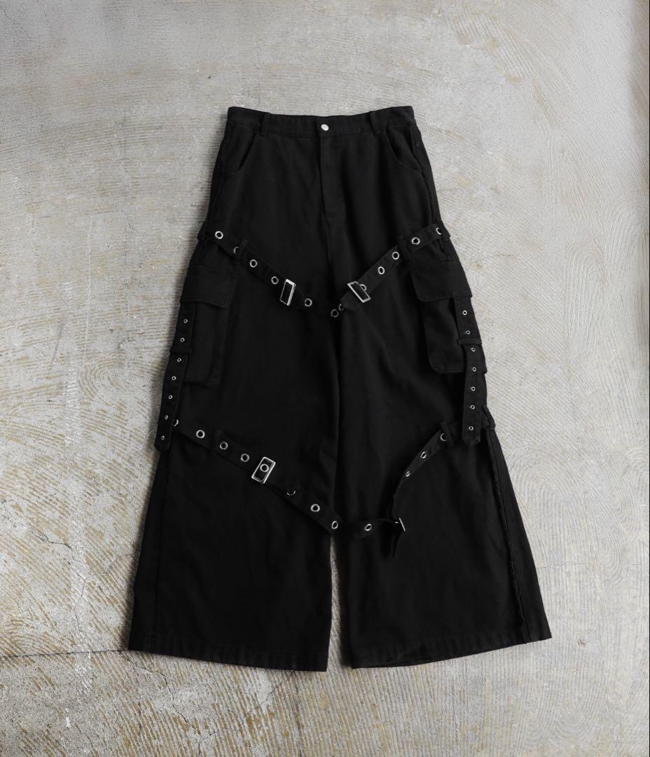 ERAR ヴィンテージライクスプレー加工ベルトデザインギミックデニムカーゴパンツ