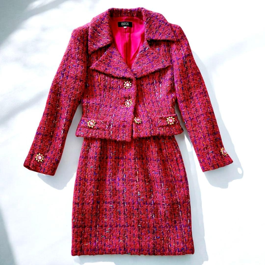 BIGI ミックスツイード　バブリースーツ　ピンク　太陽モチーフ　ビジュー