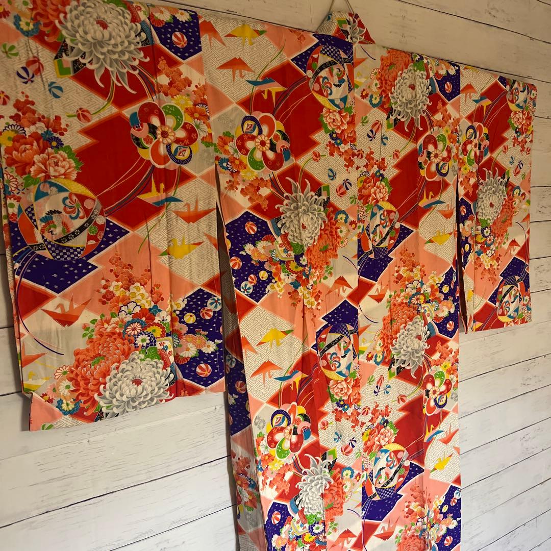 5945◆アンティーク長襦袢毱薬玉折鶴花尽くしレトロ可愛いチャーミング