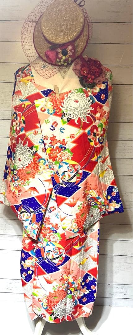 5945◆アンティーク長襦袢毱薬玉折鶴花尽くしレトロ可愛いチャーミング