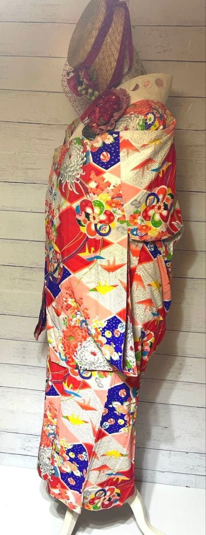 5945◆アンティーク長襦袢毱薬玉折鶴花尽くしレトロ可愛いチャーミング