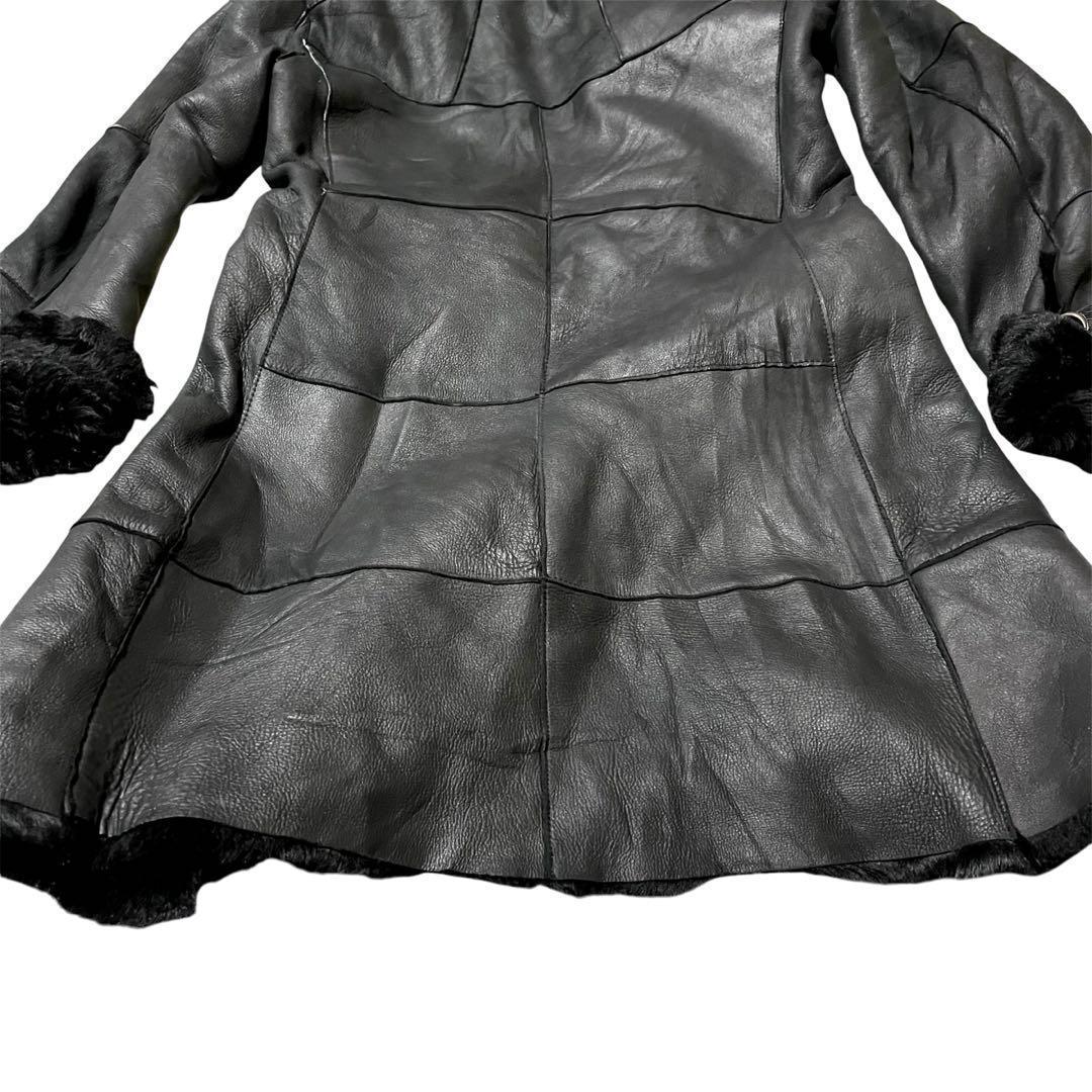 【希少】ペニーブラック 羊革 レザーコート リアルファー ロング丈 Lサイズ