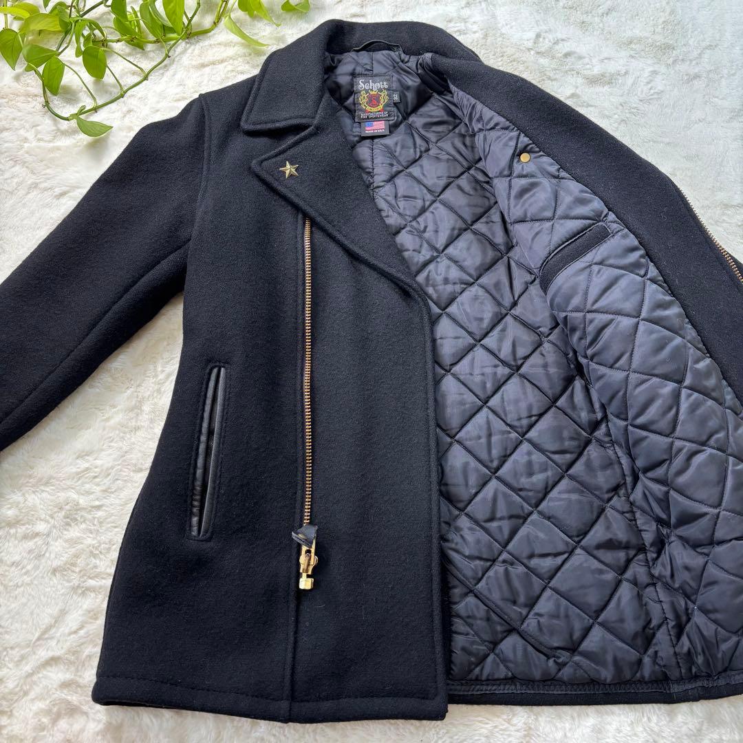 【美品】Schott ショット Pコート ダブル スタッズ ウール 山羊革 黒