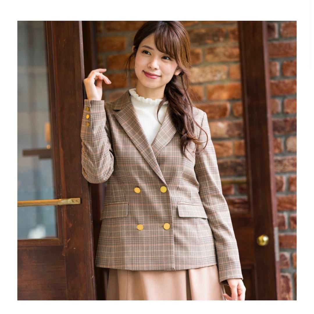 新品同様 ローズティアラ 大きいサイズ46 グレンチェック 金釦ダブルジャケット