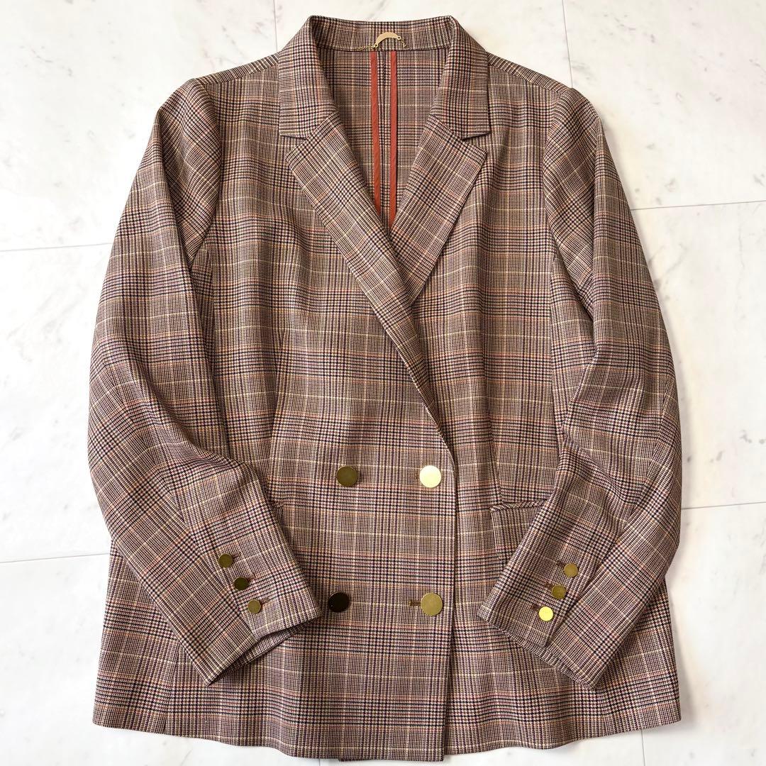 新品同様 ローズティアラ 大きいサイズ46 グレンチェック 金釦ダブルジャケット