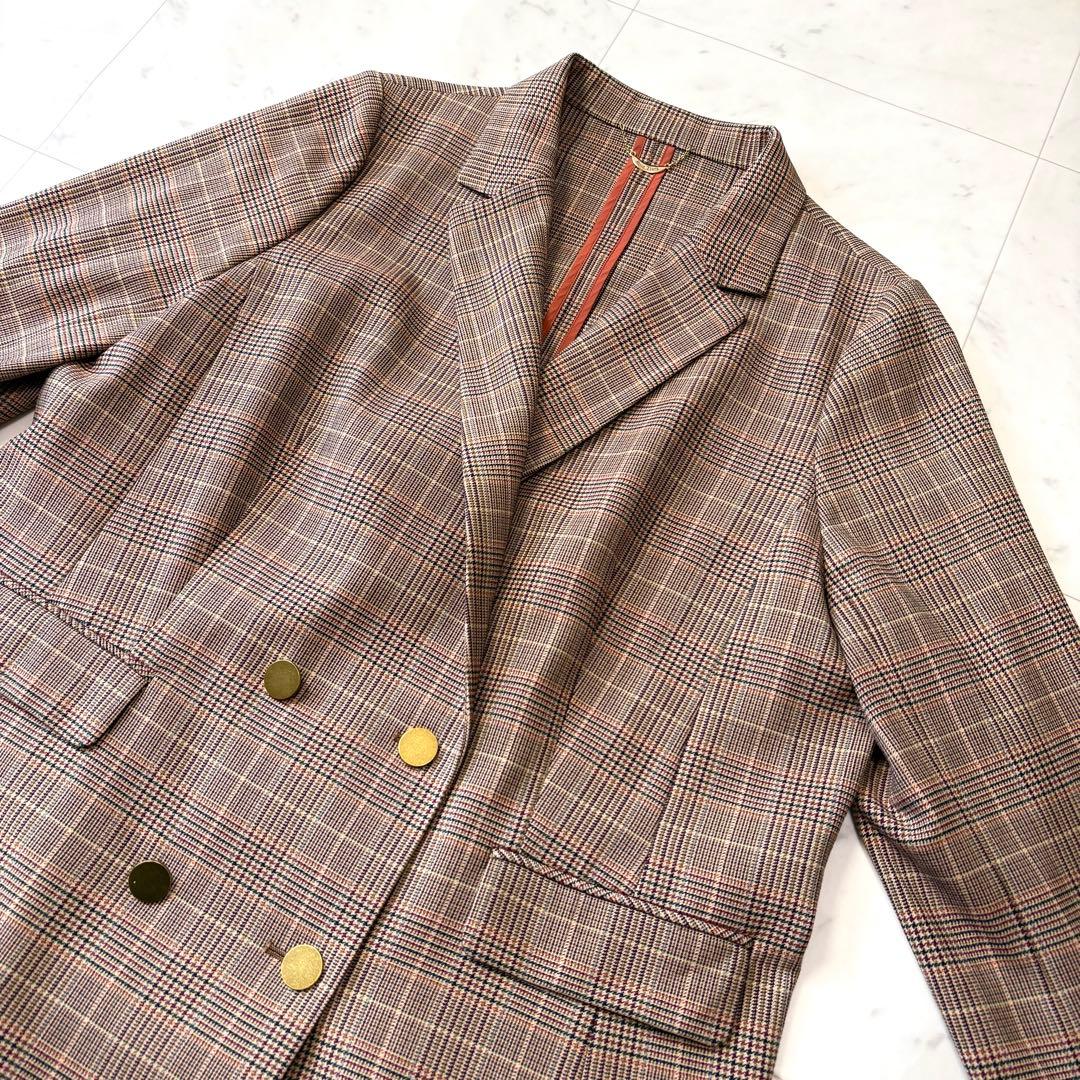 新品同様 ローズティアラ 大きいサイズ46 グレンチェック 金釦ダブルジャケット