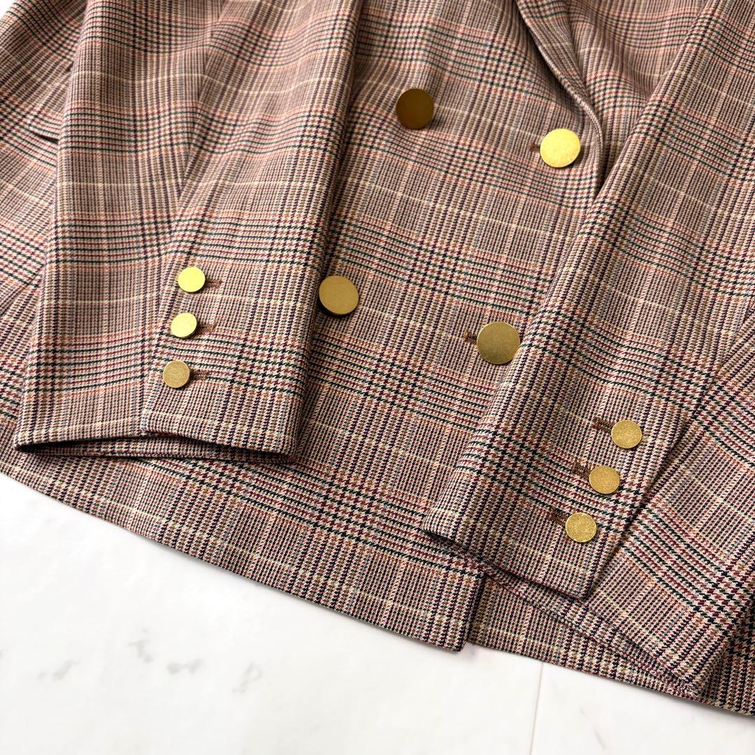新品同様 ローズティアラ 大きいサイズ46 グレンチェック 金釦ダブルジャケット