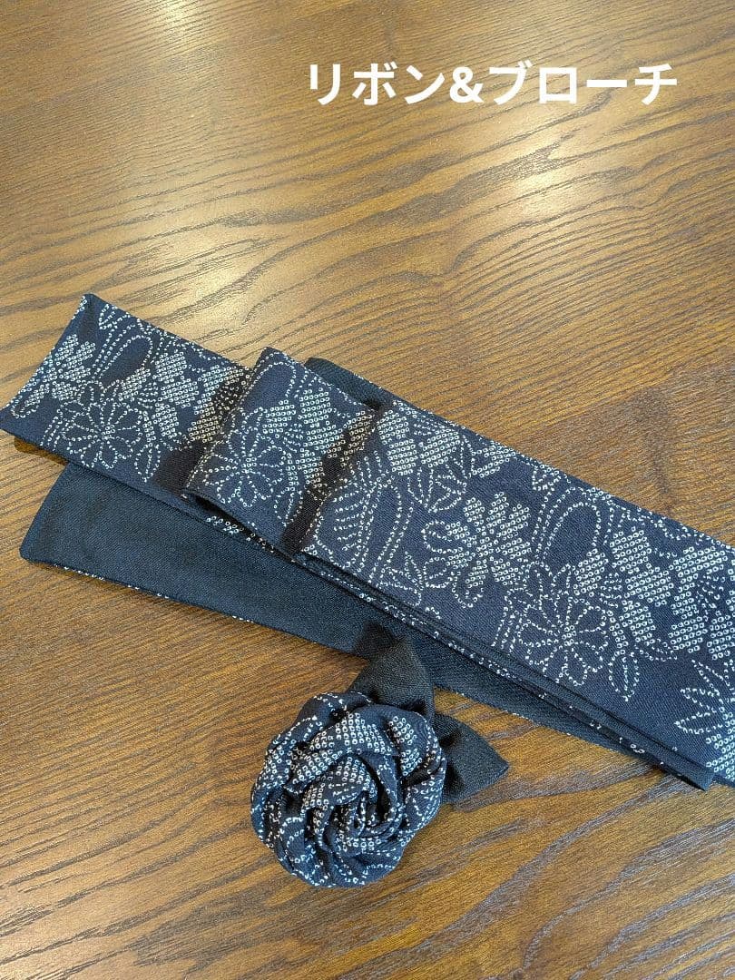 A262着物リメイク黒地正絹小紋Aラインワンピース★リボン・ブローチ