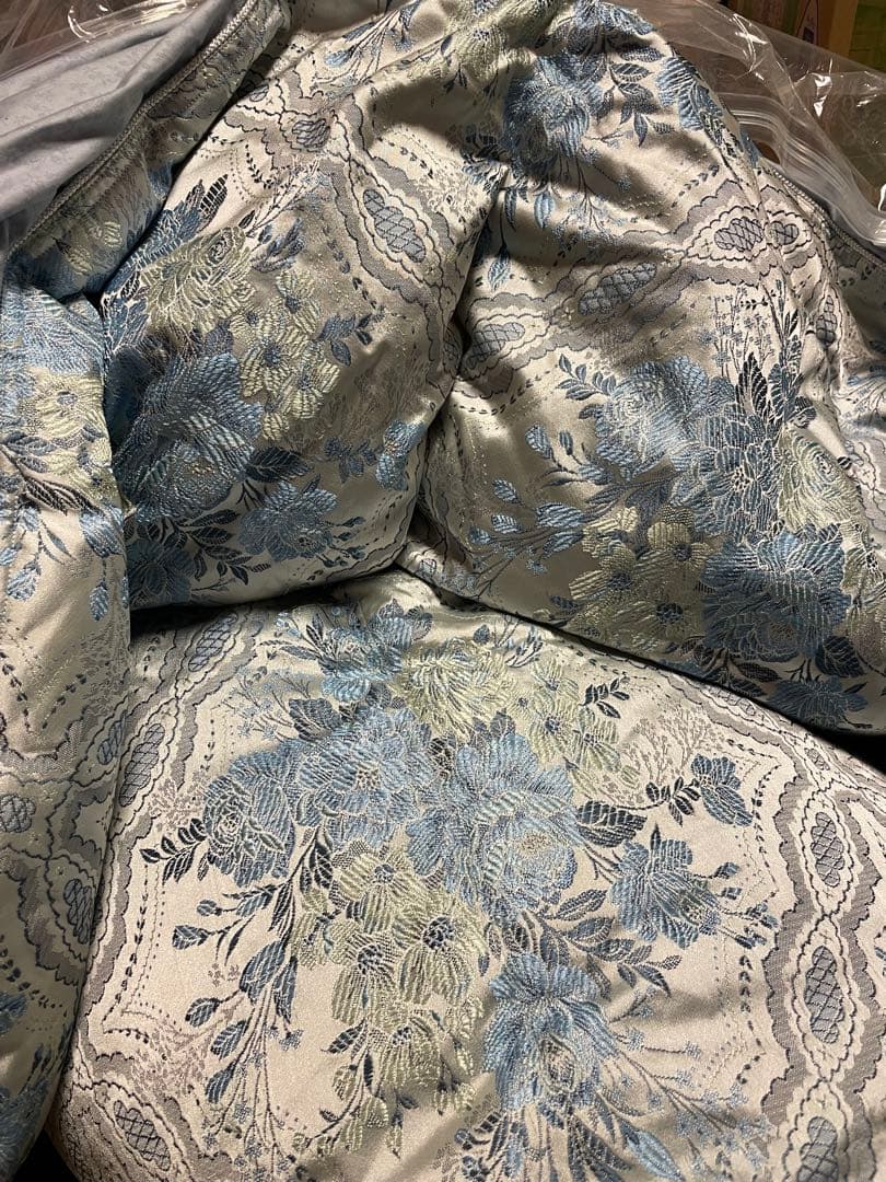 青と銀の花柄 掛け布団