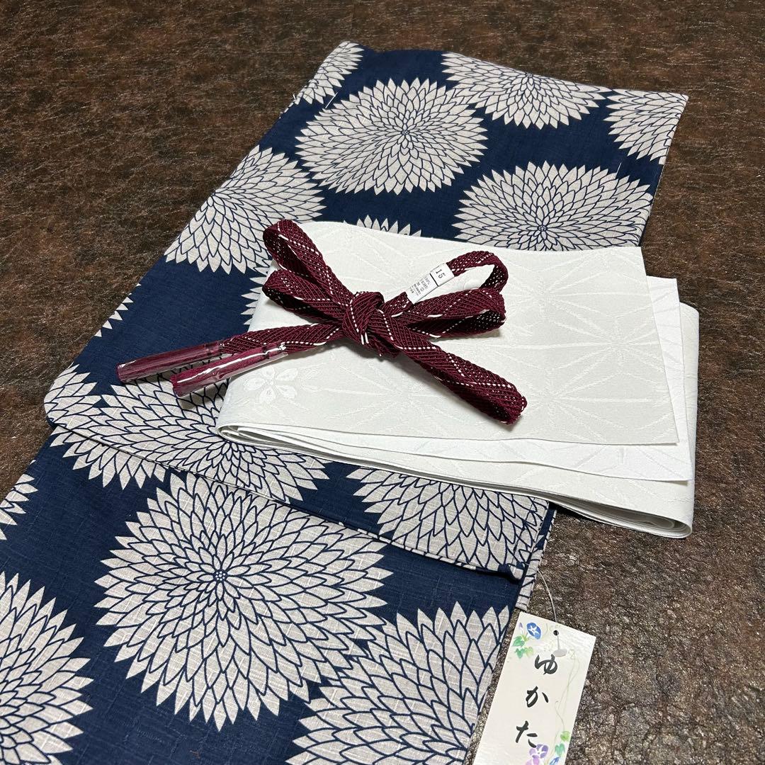 浴衣　綿麻　粋な夏着物　菊柄　紺色　半幅帯　帯締め　3点　0712⑧