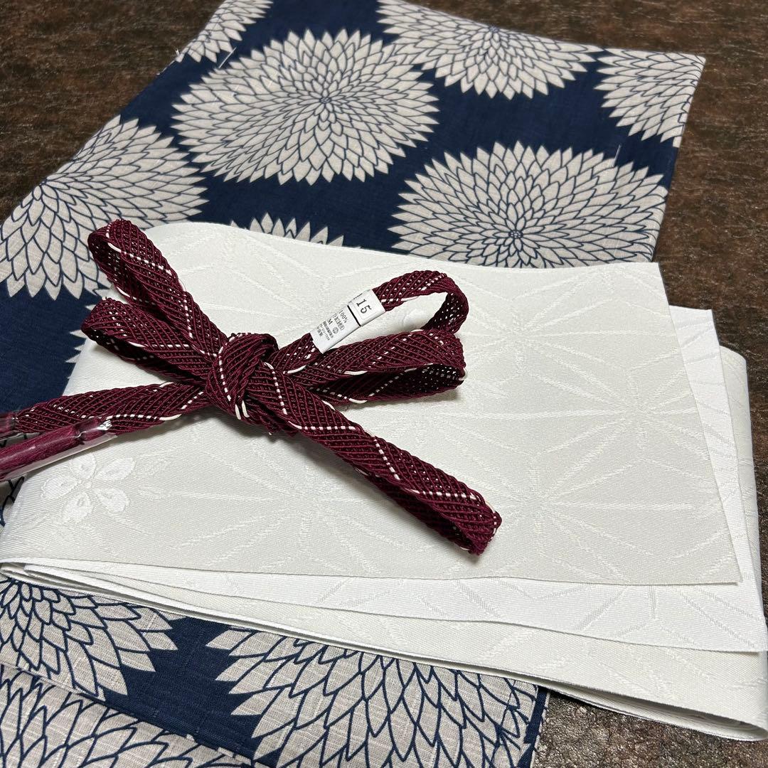 浴衣　綿麻　粋な夏着物　菊柄　紺色　半幅帯　帯締め　3点　0712⑧