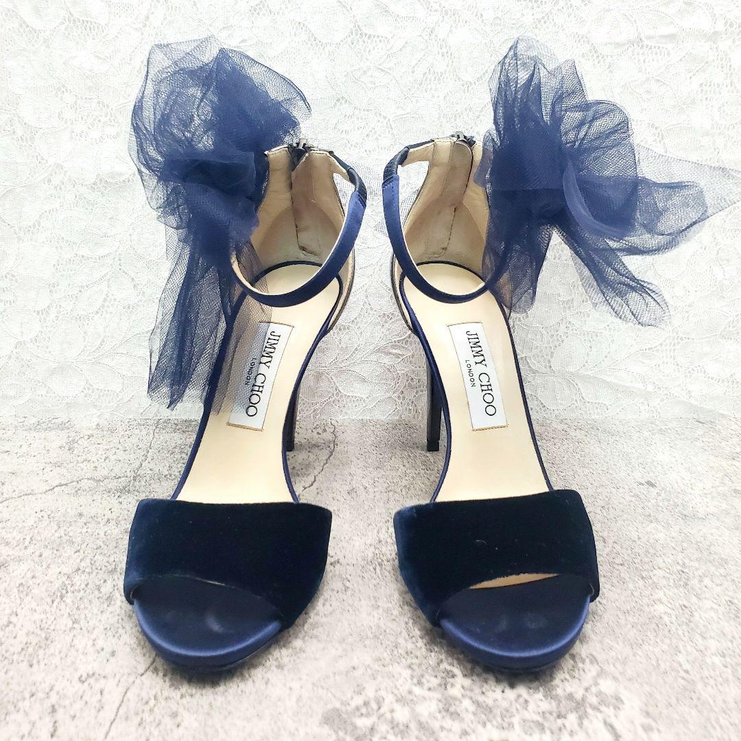 高級感✨ジミーチュウ ベルベットサンダル 37 ネイビー チュールリボン